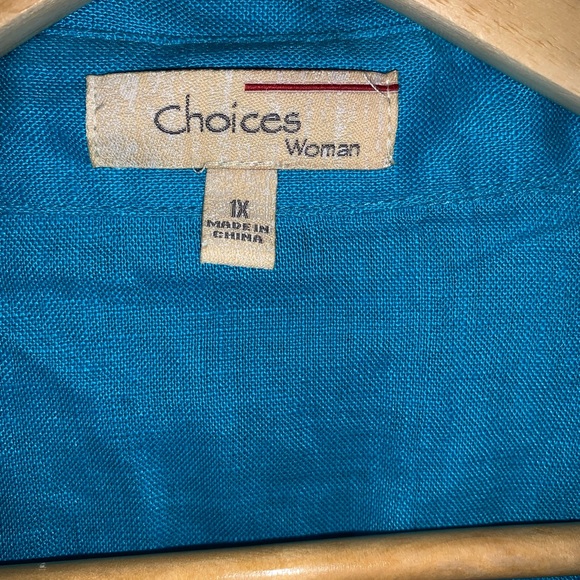 Choices woman 1X linen collared blouse blue full button flutter sleeve - Picture 3 of 8